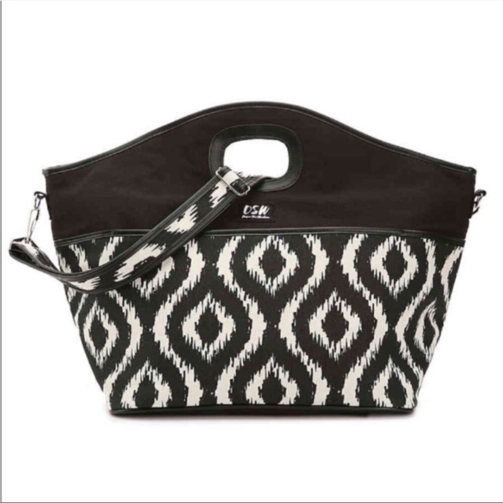 Insulated Cooler Beach Tote with Shoulder Strap - Black White Ikat